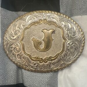 Vintage Crumrine Belt Buckle With The Letter "J" - Heavy Silver Plate on Bronze